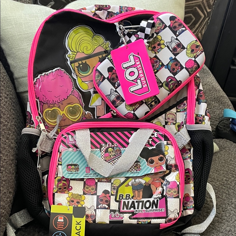 NWT L.O.L. Surprise! Pink and Black Backpack Set with Silver and Pink Accents